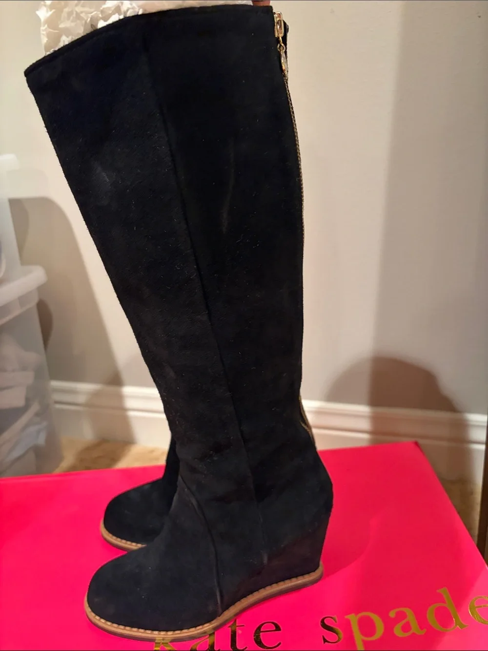 kate spade Black Suede Knee-High Wedge Boots